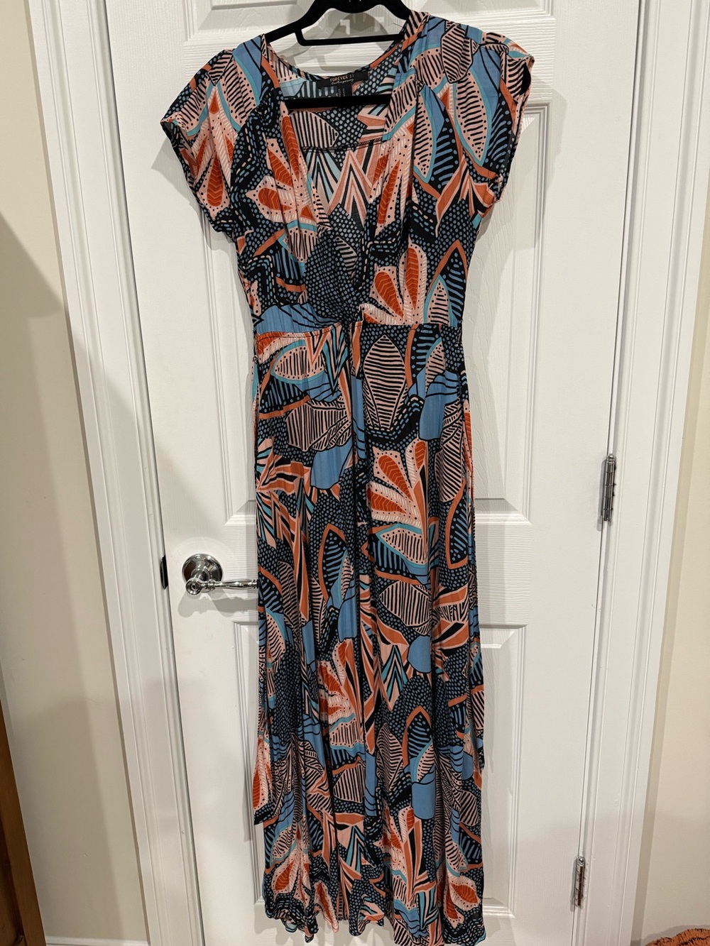 Forever 21 Navy, Light Blue and Coral Printed Maxi Dress